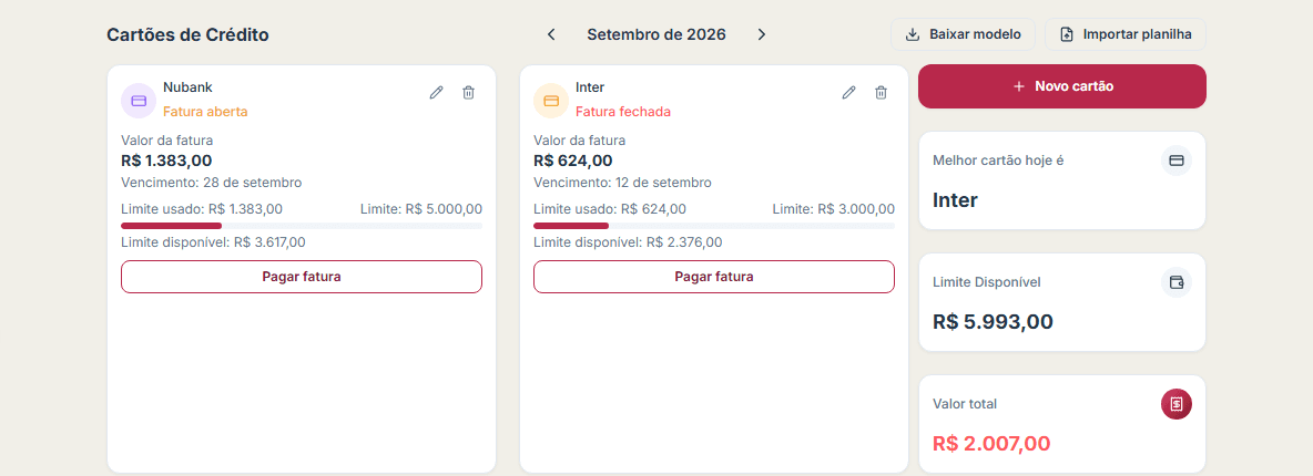 Cartões de crédito do NossaConta com faturas e divisão de gastos
